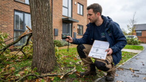 Arborist inspecting storm-damaged tree near a London property for an insurance claim report