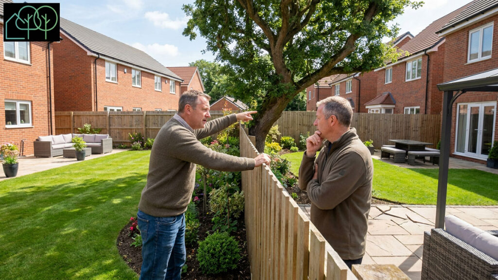 Overhanging tree branches crossing a garden boundary fence in London causing a neighbour dispute