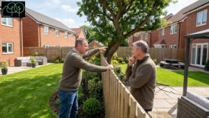 Overhanging tree branches crossing a garden boundary fence in London causing a neighbour dispute
