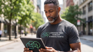 Arborist carrying out a tree safety inspection on a commercial property in London for a landlord duty of care report